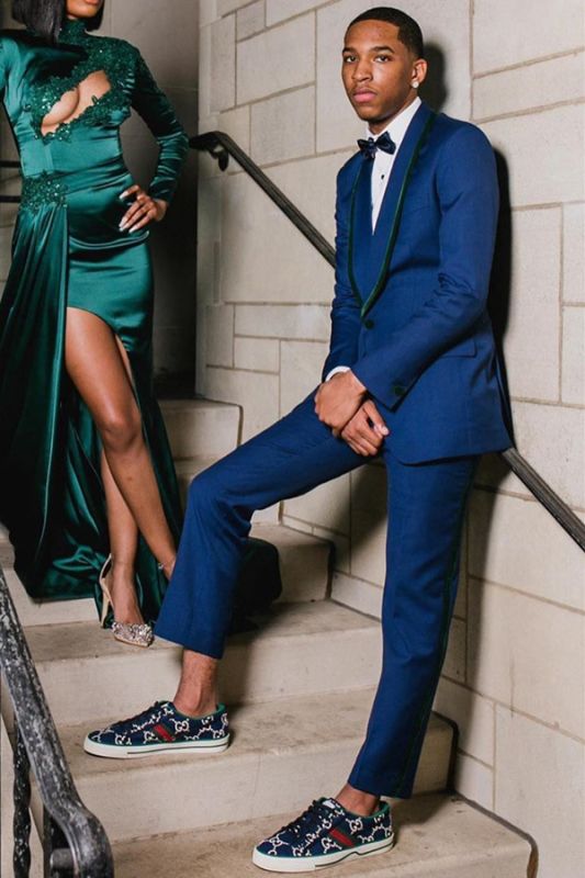 William Dark Blue Shawl Lapel One Button Prom Suits With Dark Green Border