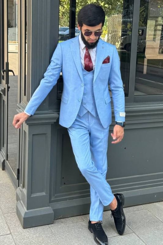 Romeo Blue Peaked Lapel Slim Fit Fashion Men Suits