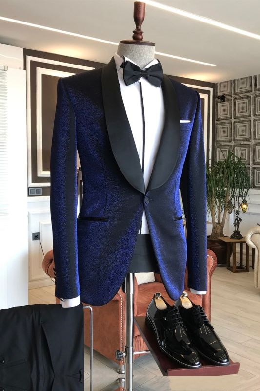 Luciano Sparkly Navy Blue Shawl Lapel Wedding Suits with Black Lapel