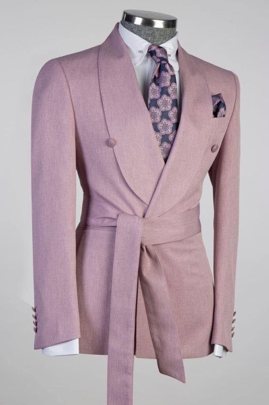 Chwen-yu Stylish Shawl Lapel Rose Pink Business Suit with Sash for
