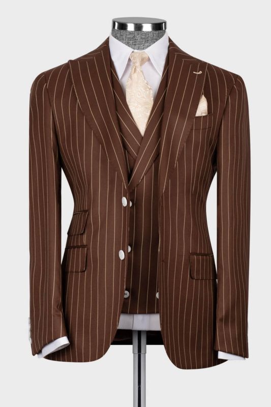 Chan Popular 3 Piece Pinstripe Chocolate Brown Business Suit with Waistcoat