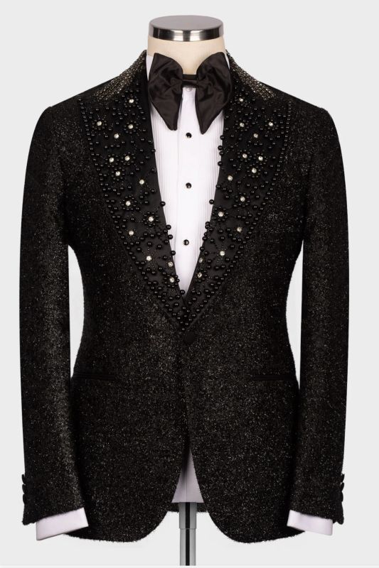 Ai Shiny Beadings Crystals Black 2 Piece Men's Wedding Suit for Groom