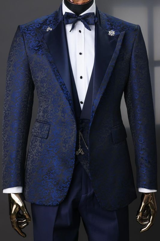 Parker 3 Piece Navy Blue Jacquard Wedding Suit for Groom