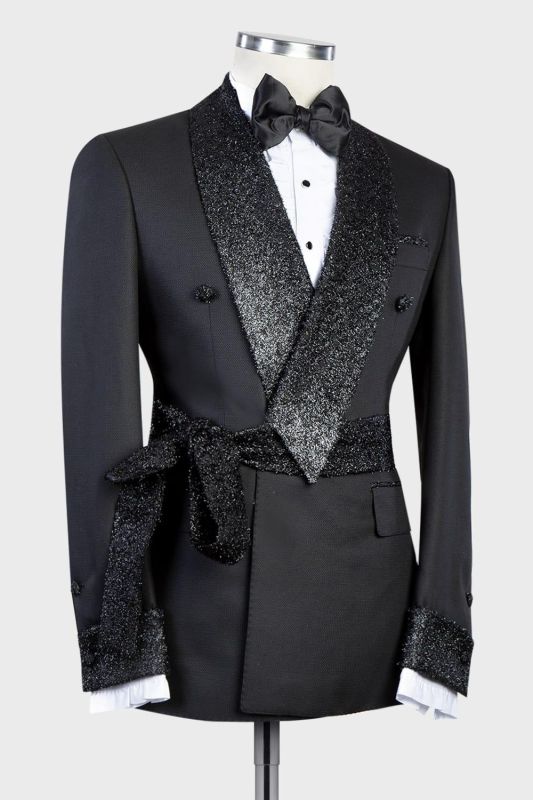 Dark Navy Black Prince Suit for Wedding with Double Breasted Shawl Lapel