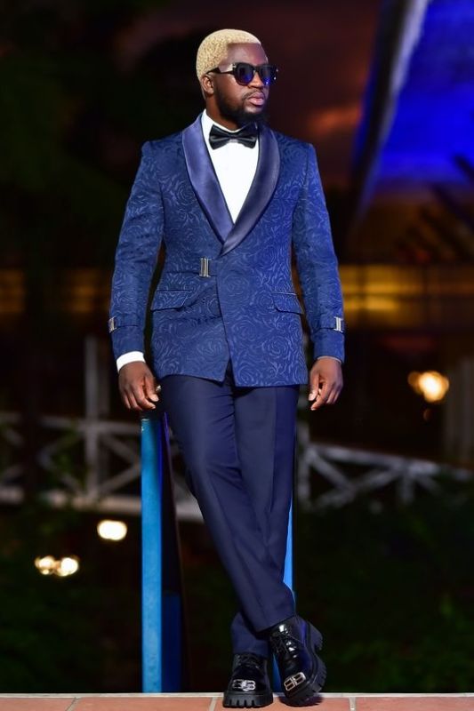 Archibald Navy Jacquard Prom Suits With Satin Shawl Lapel
