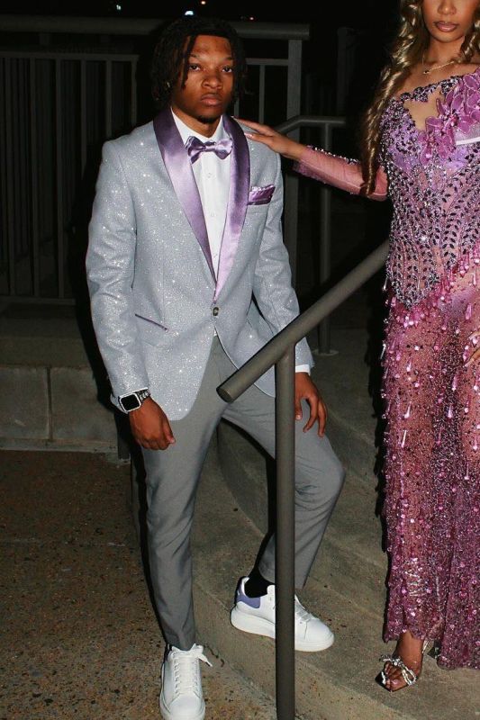 Asa Sparkling Silver One Button Prom Suits With Purple Velvet Lapel