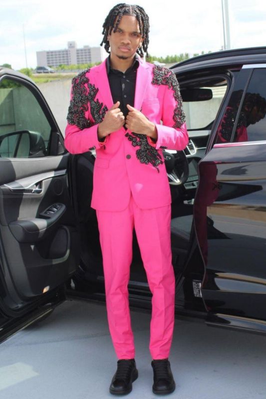 Augustine Hot Pink Notched Lapel Prom Suits With Black Appliques