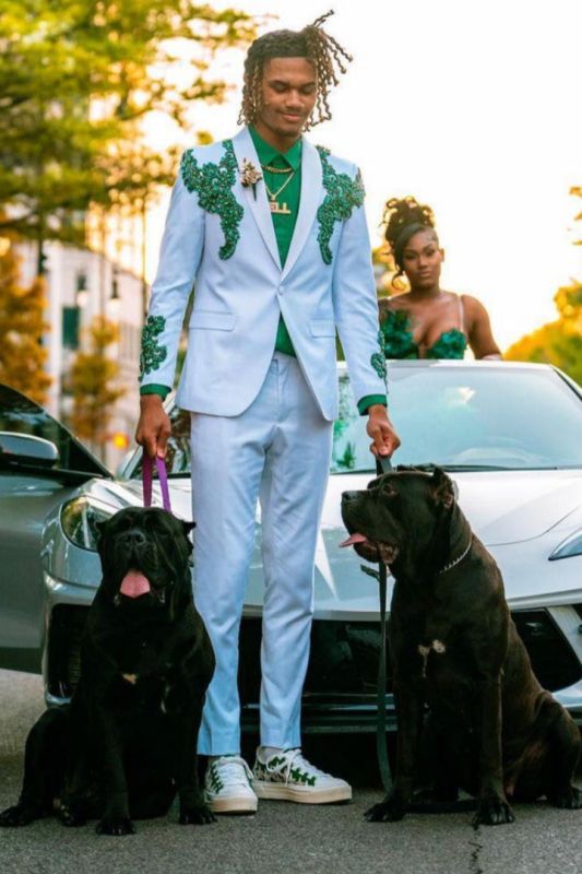Avery Shawl Lapel One Button Prom Suits With Green Appliques
