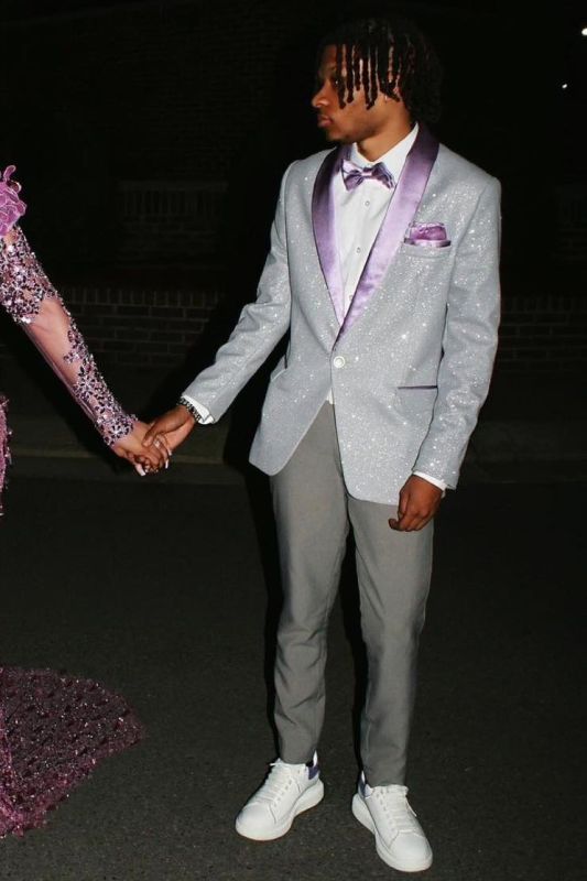 Asa Sparkling Silver One Button Prom Suits With Purple Velvet Lapel Asa Sparkling Silver One Button Prom Suits With Purple Velvet Lapel