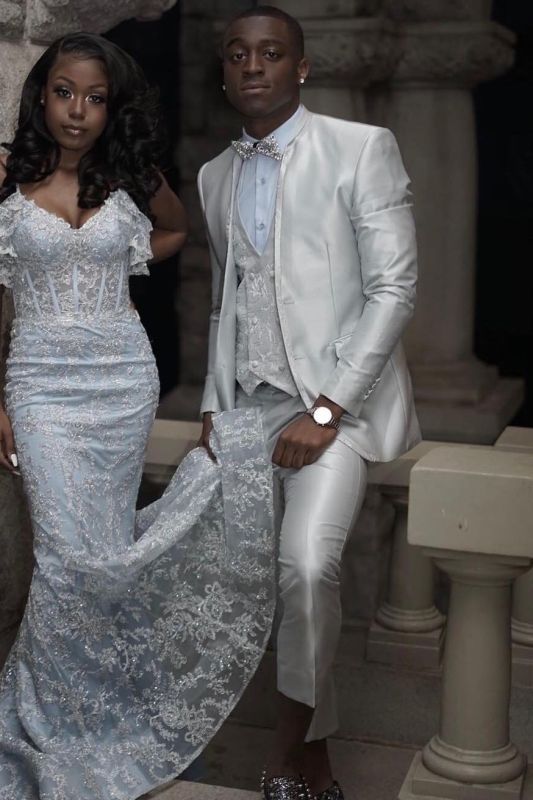 Ben White Three Pieces Satin Prom Suits With Jacquard Vest