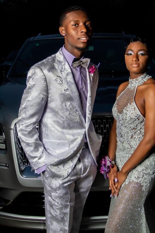 Bartholomew Silver Peaked Lapel One Button Jacquard Prom Suits