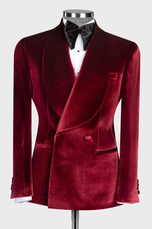 Wide Shawl Lapel Dark Red Velvet Double Breasted Men’s Suit