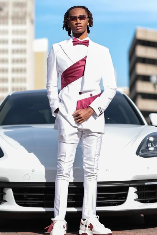 Barnett White Peaked Lapel Double Breasted Prom Suits With Burgundy Stain Girdle