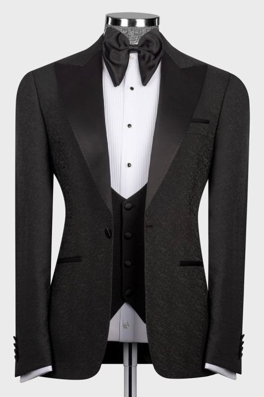 Classic 3 Piece Black Jacquard Wedding Suit with Satin Lapel