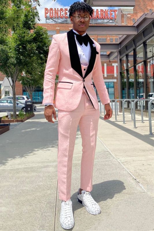 Basil Pink Three Pieces Jacquard Prom Suits With Black Velvet Shawl Lapel