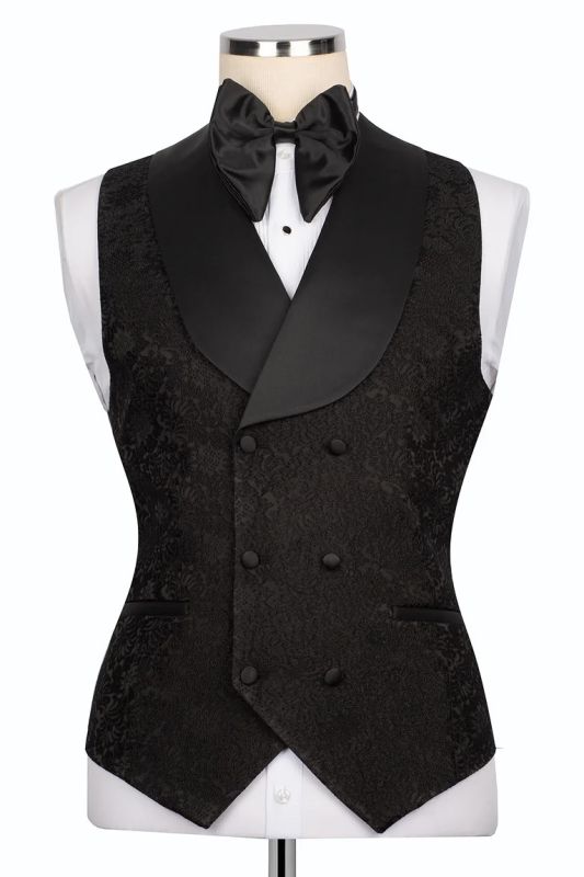 Luxury Black Crystals 3 Piece Jacquard Prom Suits Wedding Tuxedo