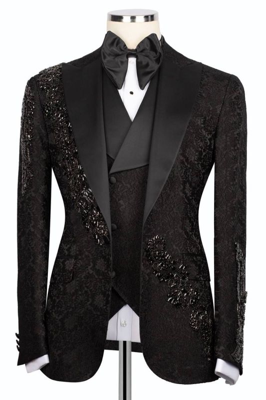 Glamorous Black Jacquard Three-Piece Slim Fit Men's Prom Suits main image 1