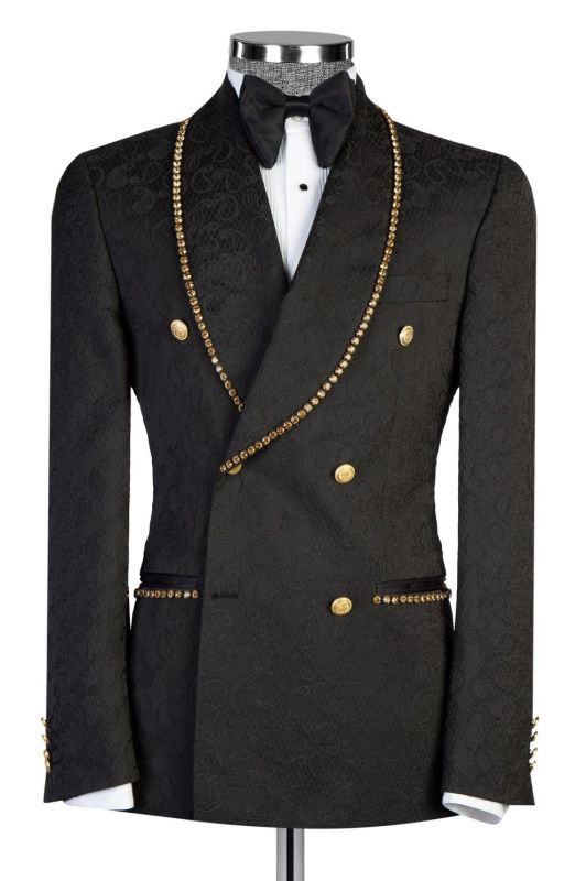 Gold Beadings Double Breasted Black Jacquard Men’s Suit