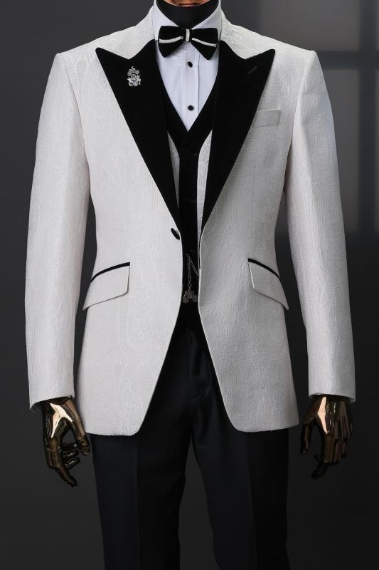 Black Peak Lapel 3 Piece White Jacquard Wedding Suit for Groom