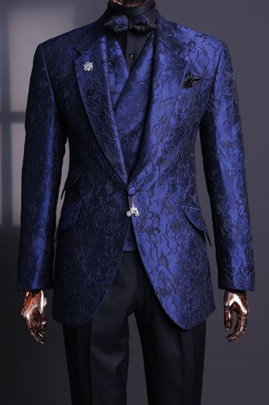 Modern Dark Blue Jacquard One Button 3 Piece Men’s Suit for Wedding