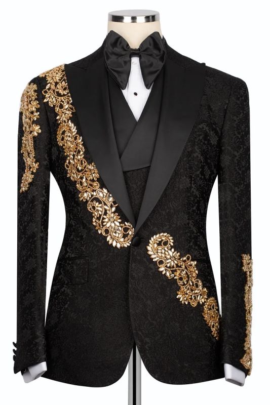 Shiny Gold Crystals Appliques Black 3 Piece Jacquard Men’s Suit