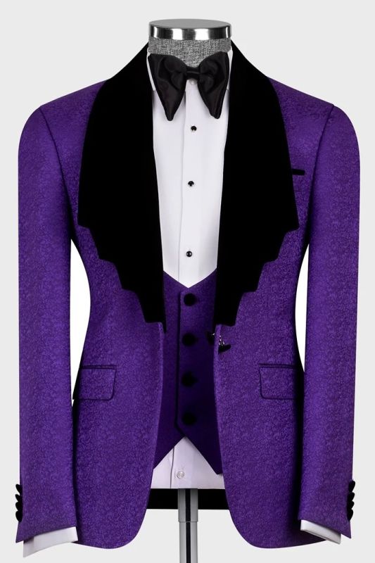 Latest 3 Piece Royal Purple Jacquard Black Lapel Men’s Suit
