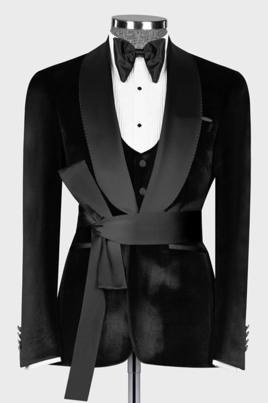 New Black Velvet 3 Piece Men’s Suit with Satin Belt Shawl Lapel