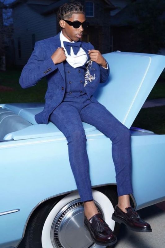 Modern 3 Piece Navy Blue Jacquard Slim Fit Prom Suit with Waistcoat