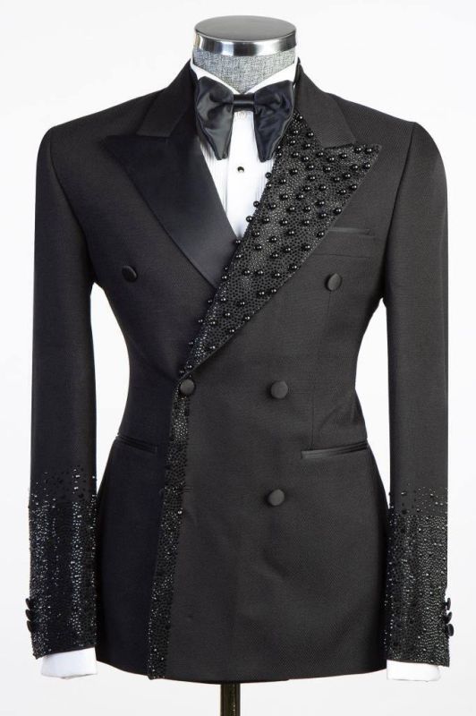 Sparkling Black Double Breasted Wedding Suit with Beadings Prom Outfit