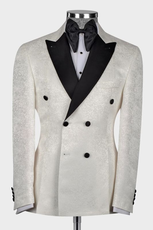 Stylish Black Peak Lapel Double Breasted White Jacquard Wedding Suit