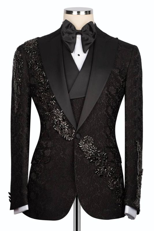 Luxury Black Crystals 3 Piece Jacquard Prom Suits Wedding Tuxedo