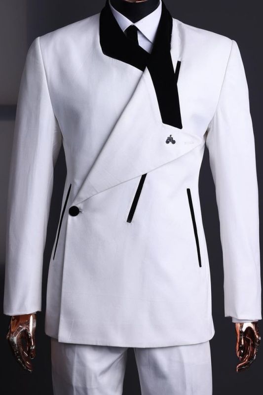 Irregular Black Lapel One Button Stylish White Men’s Business Suit