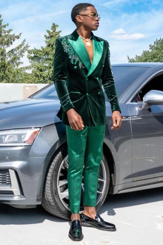 Baird Dark Green Peaked Lapel Double Breasted Prom Suits With Appliques