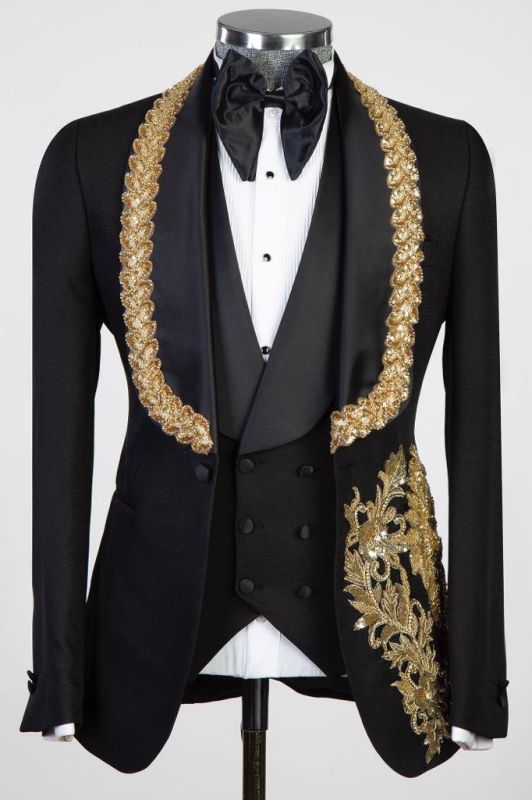 Fashion Shiny Gold Appliques 3 Piece Black Wedding Suit Prom Outfits