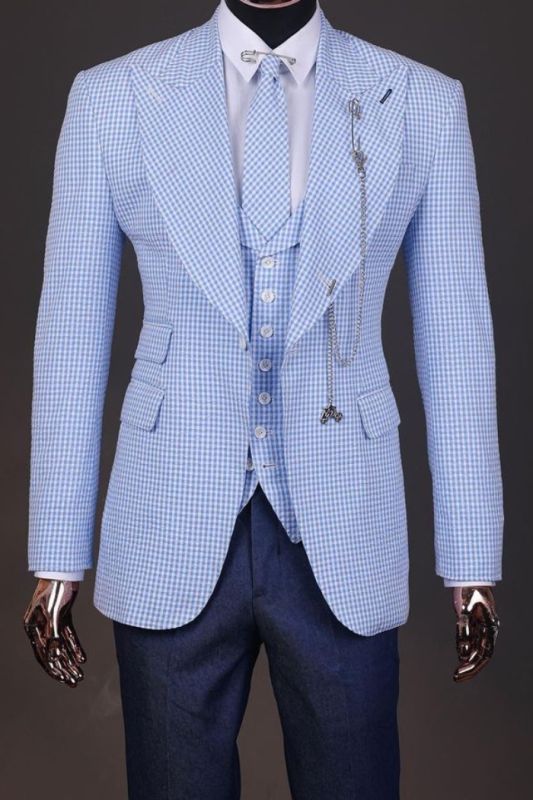 Popular Blue Plaid 3 Piece Men’s Business Suit with Navy Jacquard Pants