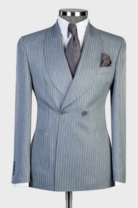 Double Breasted Dust Blue Pinstripe Patch Pockets Men’s Business Suit