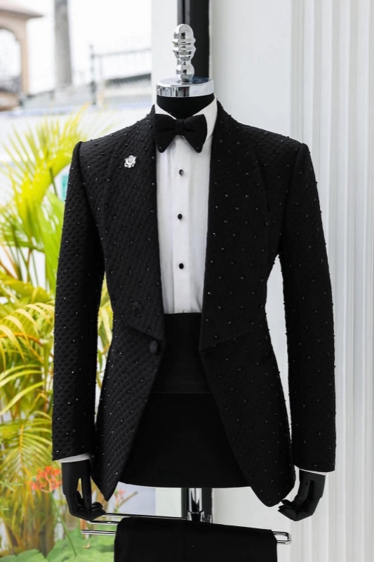 Black Shawl Lapel Waffle Plaid Prom Suits With Rhinestones