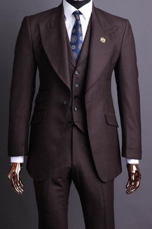 Classic Peak Lapel 3 Piece Brown Men’s Business Suit Formal