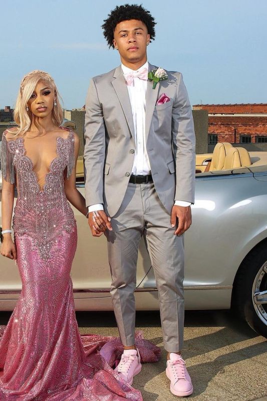 Barret Gray Notched Lapel Two Buttons Prom Suits With Flaps