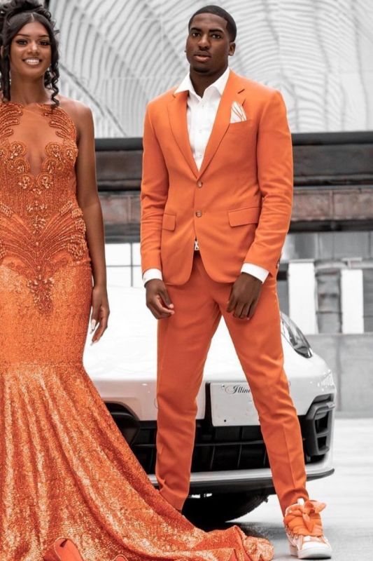 Bartley Orange Notched Lapel Two Buttons Prom Suits With Flaps