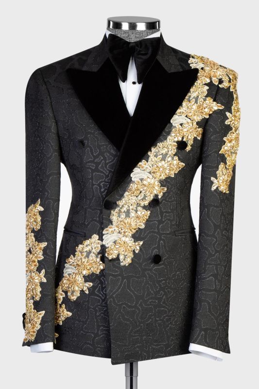 Gold Beadings Appliques Black Jacquard Men’s Suit with Velvet Lapel