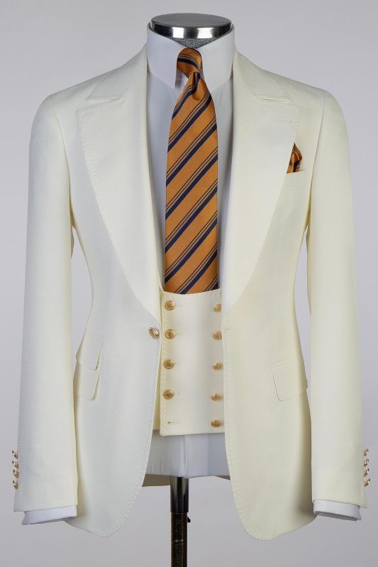 3 Piece Cream White Men’s Formal Business Suit with Gold Buttons