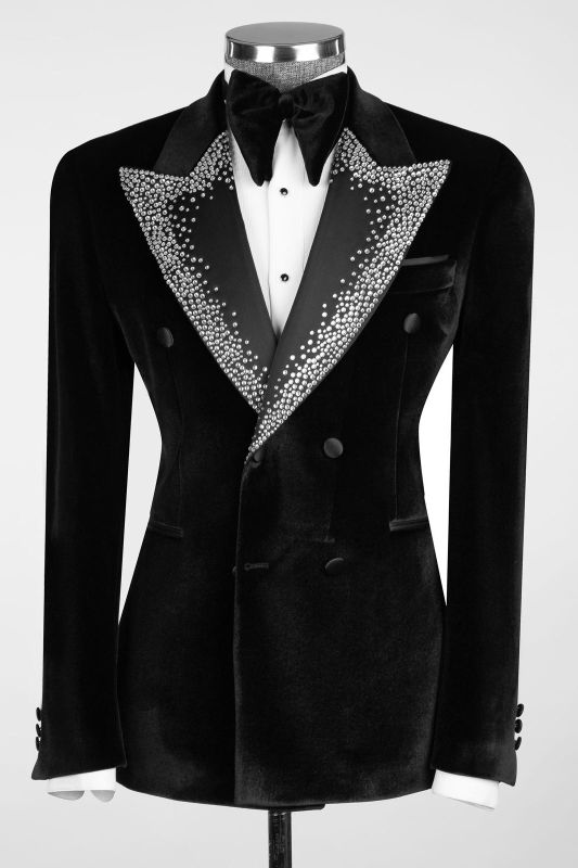Black Velvet Peak Lapel Double Breasted Wedding Suit Prom Outfit
