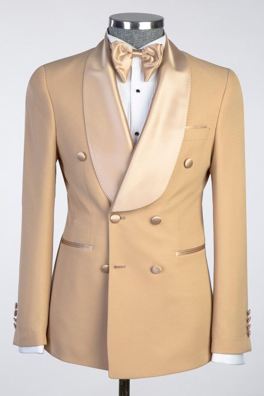 Satin Shawl Lapel Double Breasted Khaki Wedding Suit Prom Outfit