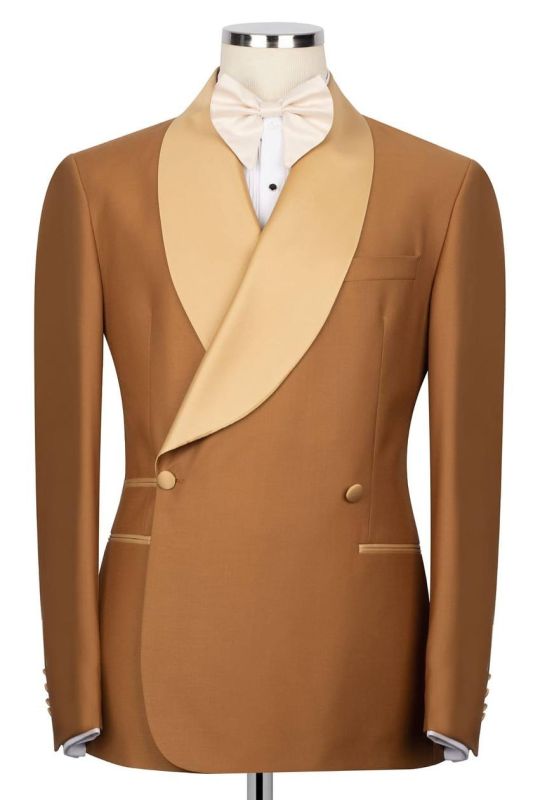 Popular Satin Lapel Double Breasted Gold Brown Prom Suit