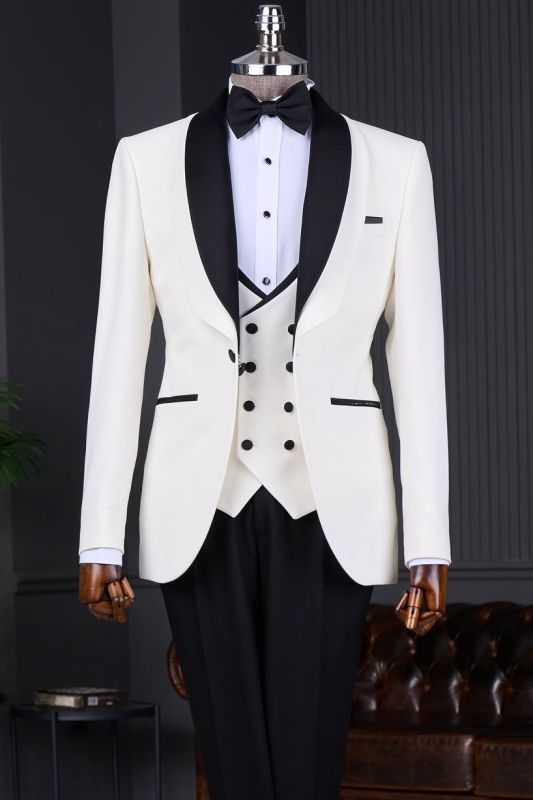 Berg White Three Pieces Wedding Suits With Black Shawl Lapel