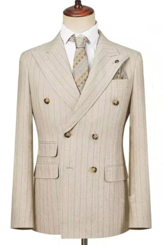Champagne Pinstripe Double Breasted Business Suit with 3 Flapped Pockets