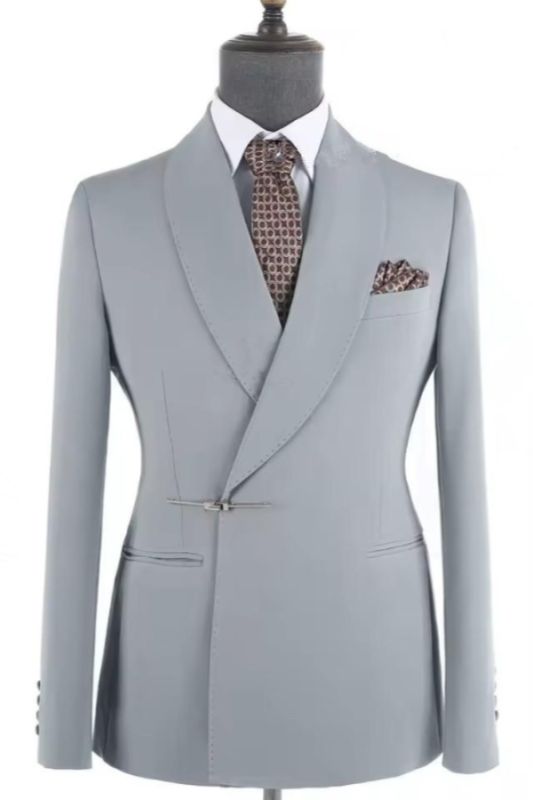 Dusty Gray Shawl Lapel Bolt Buckle Men's Business Suit