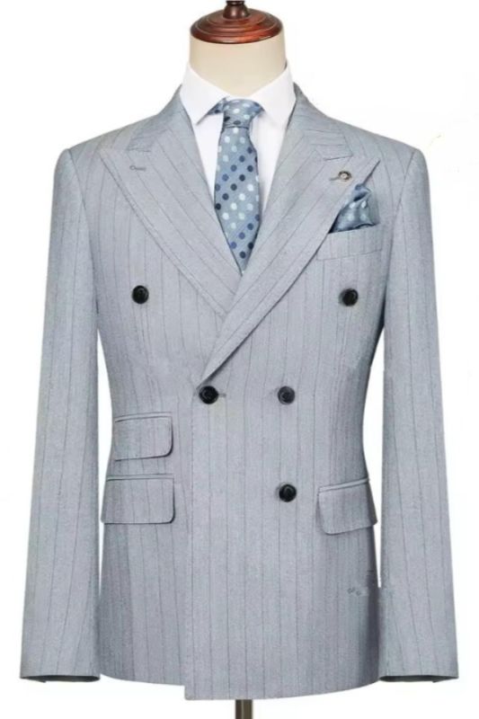 Dusty Gray Pinstripe Double Breasted Business Suit with 3 Flapped Pockets