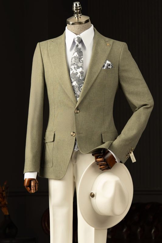 Bernie Khaki Peaked Lapel Two Buttons Prom Suits With White Pants